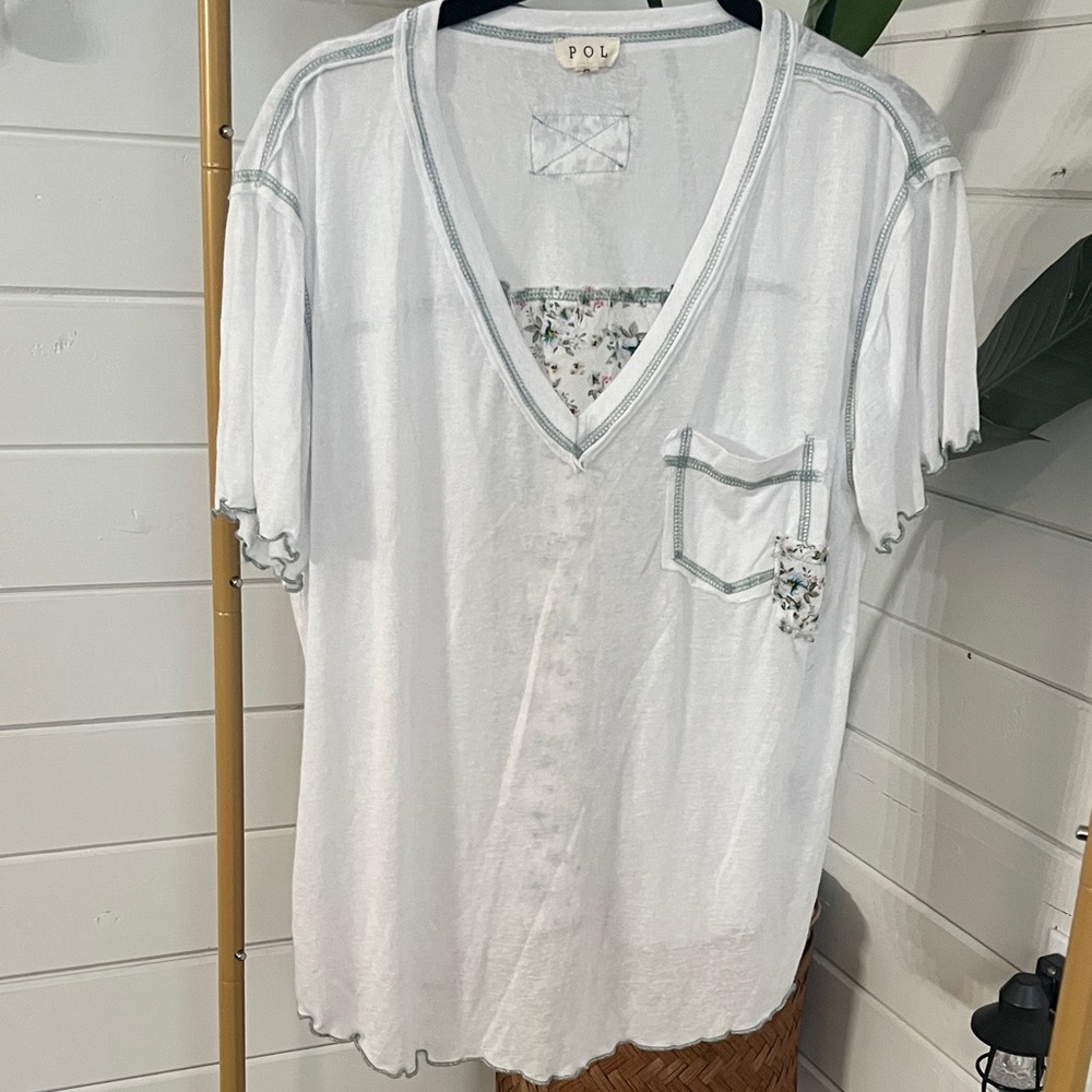 POL White V-Neck Tee with Floral Details